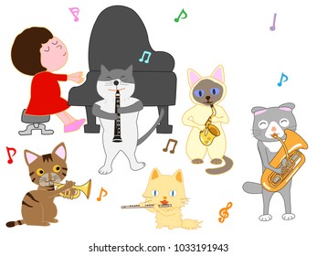 A cat's concert. Cats are playing instruments.
