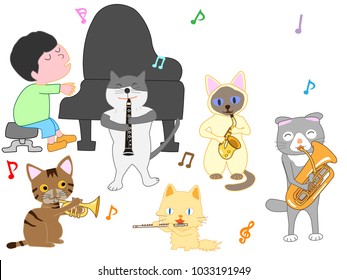 A cat's concert. Cats are playing instruments.
