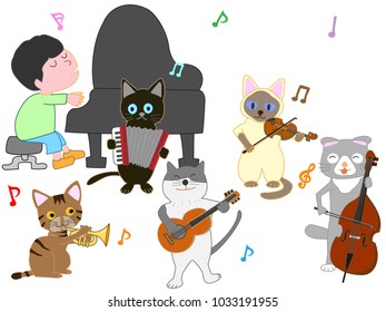 A cat's concert. Cats are playing instruments.
