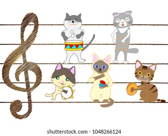 A cat's concert. Cats are singing and playing instruments.
