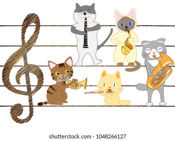A cat's concert. Cats are singing and playing instruments.

