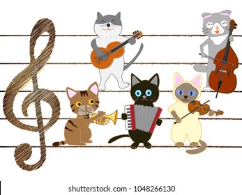 A cat's concert. Cats are singing and playing instruments.
