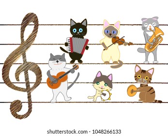 A cat's concert. Cats are singing and playing instruments.
