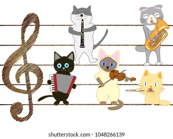 A cat's concert. Cats are singing and playing instruments.
