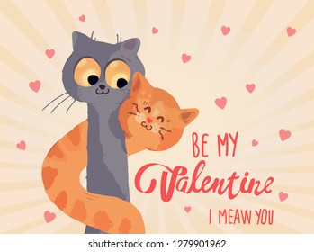 Cats couple with hearts. Valentine Day vector cartoon funny animal character isolated on background for 14 february