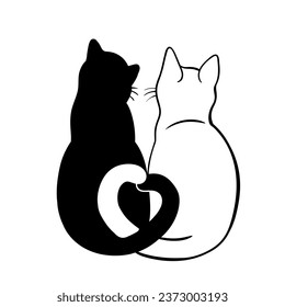 Cats, couple in love, back view, black and white cat, love, friendship, hug, vector illustration