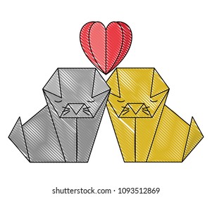 cats couple origami paper with heart