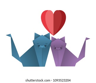 cats couple origami paper with heart