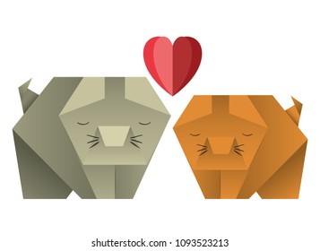 cats couple origami paper with heart