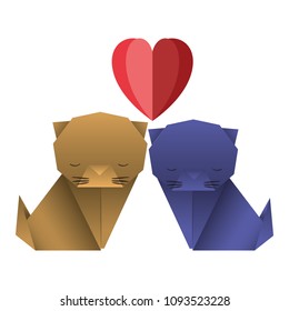 cats couple origami paper with heart