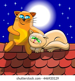 Cats cuddling at night on tiled roof  on the background of the starry sky. Cartoon vector illustration.