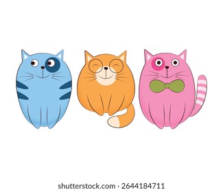 Gatos. Gatos bonitos em estilo cartoon. Três gatinhos engraçados de cores diferentes. Gatos engraçados. Ilustração vetorial sobre fundo branco