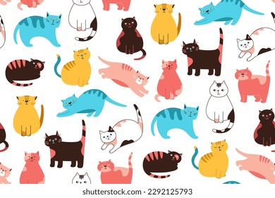 Cats cute doodle cartoon seamless pattern. Kitty purebred with different poses boundless wallpaper. Cats sleeping, stretching itself, playing endless background. Kitten characters pet animals vector