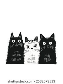 Cats with cute expressions in black and white cartoon style, doodle style, hand-drawn, on a white background