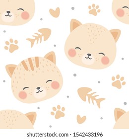 cats with cute kitty paw seamless pattern, doodle cat animals background, kitten vector illustration