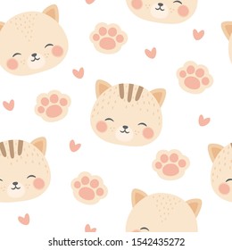 cats with cute kitty paw seamless pattern, doodle cat animals background, kitten vector illustration