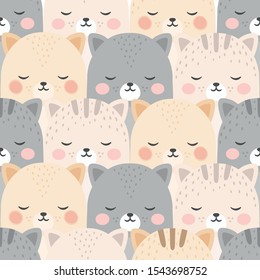 cats with cute kitty paw seamless pattern, doodle cat animals background, kitten vector illustration