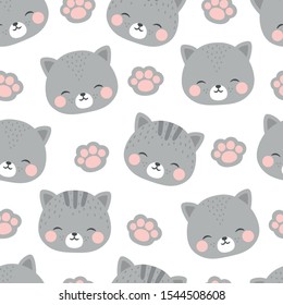 cats with cute kitty paw seamless pattern, doodle cat animals background, kitten vector illustration