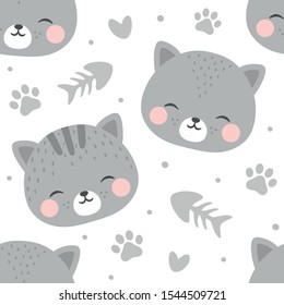 cats with cute kitty paw seamless pattern, doodle cat animals background, kitten vector illustration