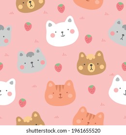 cats with cute kitty paw seamless pattern, doodle cat animals background, kitten vector illustration