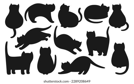 Cats cute silhouette set. Kitty shape purebred with different poses and emotions collection. Stamp figure cats sleeping, stretching and playing. Kitten characters pet animals isolated vector