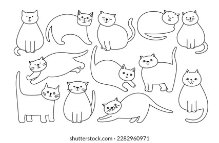 Cats cute simple linear set. Kitty purebred with different poses and emotions cartoon outline collection. Sketch drawn cats sleeping, stretching and playing. Kitten characters pet animals isolated