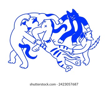 Cats dance in a circle and hold hands, minimalistic vector illustration in one color. Cats dance like in a painting by Henri Matisse. Print, postcard of cats.