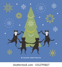 Cats dancing  and Christmas tree, greeting card, Season Greetings
