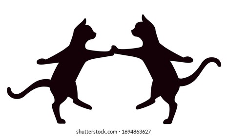 Gatos bailando rock y roll aislados en fondo blanco, siluetas vectoriales de gatos bailarines