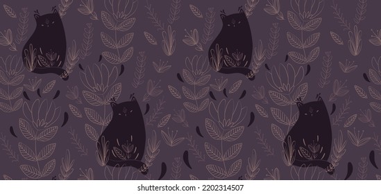 Cats and decorative flowers. Vector seamless pattern