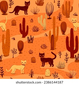 Cats in desert orange , surface pattern design, seamless