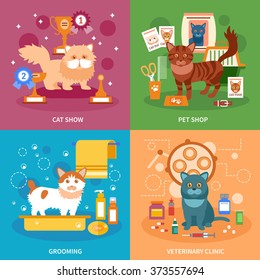 Cats design concept set with pet grooming and veterinary clinic flat icons isolated vector illustration