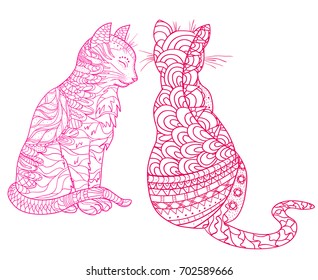Cats. Design Zentangle. Hand drawn cat with abstract patterns on isolation background. Design for spiritual relaxation for adults. Zen art. Decorative style. Line art creation. Print for polygraphy