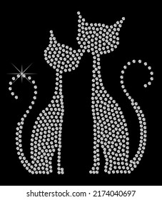 Cats of diamonds. Pattern embroidery of diamond cat.
Shiny, silver and black print with diamonds, embroidery and jewelry. Isolated fashion abstract background.