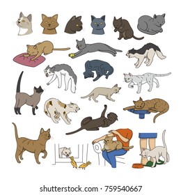 Cats in different attitudes and postures. Vector illustration. Character set