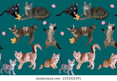 Cats of different breeds play with autumn leaves and fluttering butterflies isolated on blue ocean shade background in vector. Seamless animal print for fabric, wallpaper.