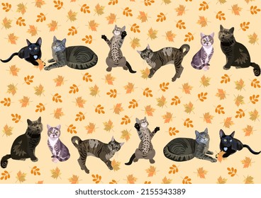 Cats of different breeds play with autumn leaves isolated on yellow background shade moccasin in vector. Seamless animal print for fabric, wallpaper.