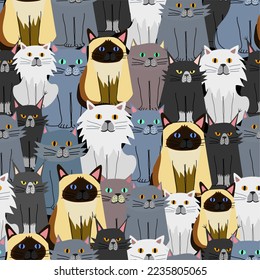 Cats of different breeds. Siamese, British, white, black and grey. Seamless pattern in children's style.