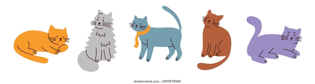 Cats of different colors and breeds, collection of vector illustrations with domestic animals. Cartoon pets set for pet shops, veterinarians. Cute flat design, Maine Coon, Siberian, Ragdoll kittens