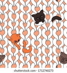 Cats different colors play in loop of knitting on light orange background. Kitty print good for child, home textile design. Vector seamless pattern. Cute kitty print