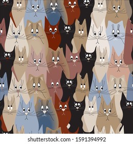 Cats of different colors. Red, black, brown, gray. Seamless pattern. Used for background, wrapping paper, print for fabric.