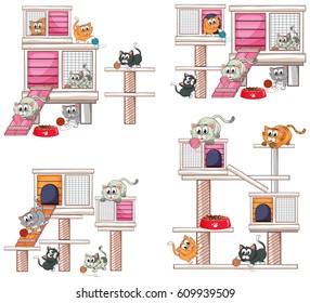 Gatos e desenhos diferentes da ilustração da casa do gato