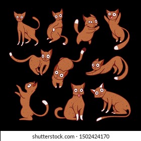 Cats with different emotions and poses isolated from a background with textures. Good illustrated elements. Can be used as stickers.