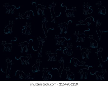Cats in different poses contour silhouette art drawing vector illustration