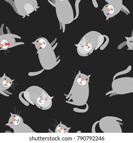 Cats in different poses pattern on dark background, vector illustration