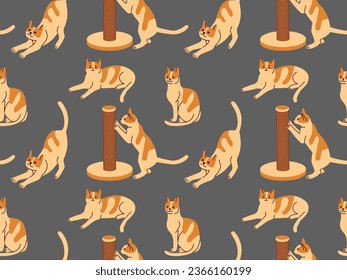 Cats in different poses. Seamless pattern of drawn domestic animals.