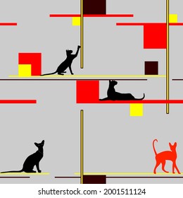 Cats in different poses, silhouettes. Seamless pattern. The cat lies, sits, stretches its back, hisses, plays, walks. Graceful animal. Use printed materials, signs, items, websites, maps, posters.