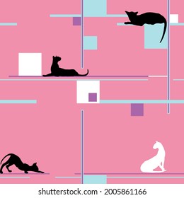 Cats in different poses, silhouettes. Seamless pattern. The cat lies, sits, stretches its back, hisses, plays, walks. Graceful animal. Use printed materials, signs, items, websites, maps, posters, 