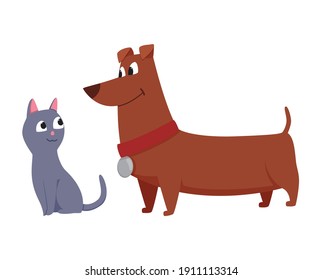 Cats and dog characters best happy friends. Together spending time isolated on white background. Funny flat cartoon colorful friendship pets. Vector illustration