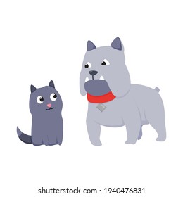 Cats and dog characters best happy friends. Together spending time isolated on white background. Funny flat cartoon colorful friendship pets. Vector illustration